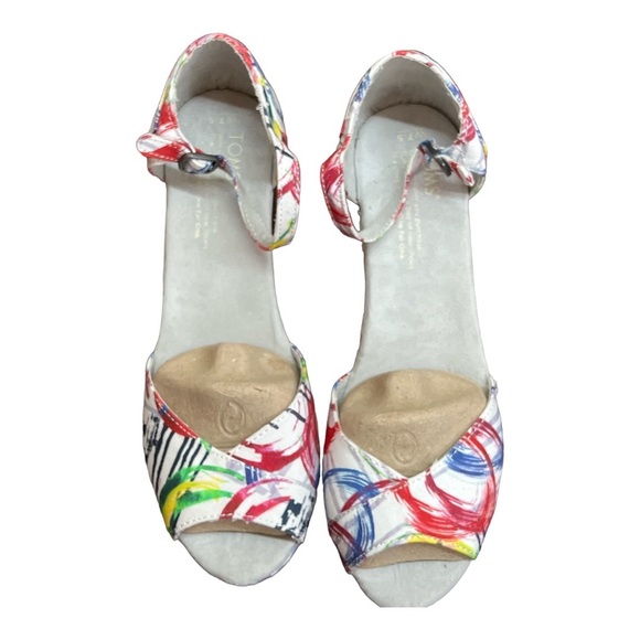 Sz 7.5 Tom’s White Multi Cavas Paint Platform Wedge NIB - Picture 2 of 5